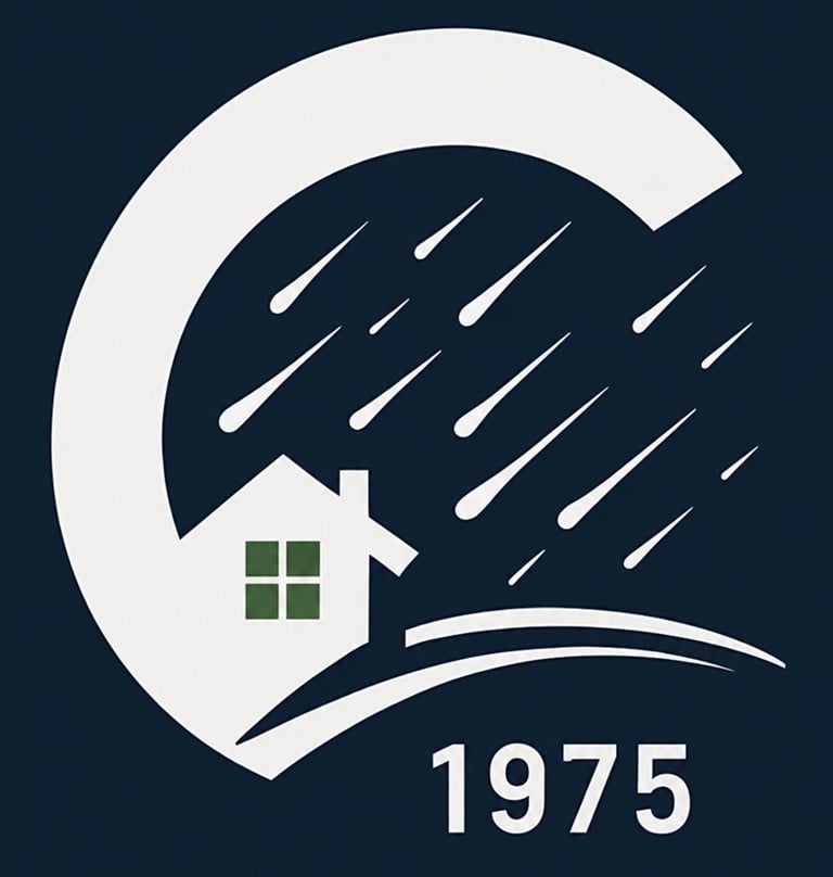 Logo featuring a house with green windows under an umbrella in rain, with 1975 below